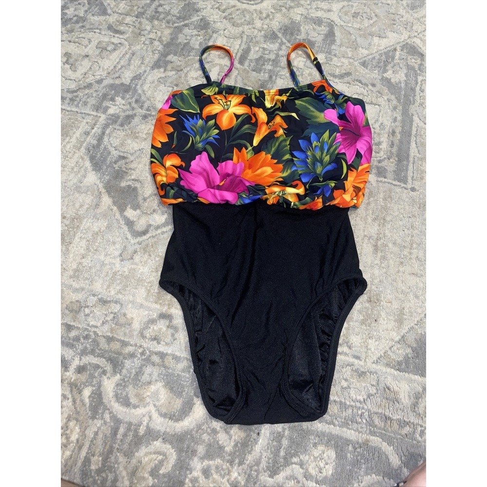 Inches Away One Piece Swimsuit Black Pink Orange Tropical  Floral Women's Size 8